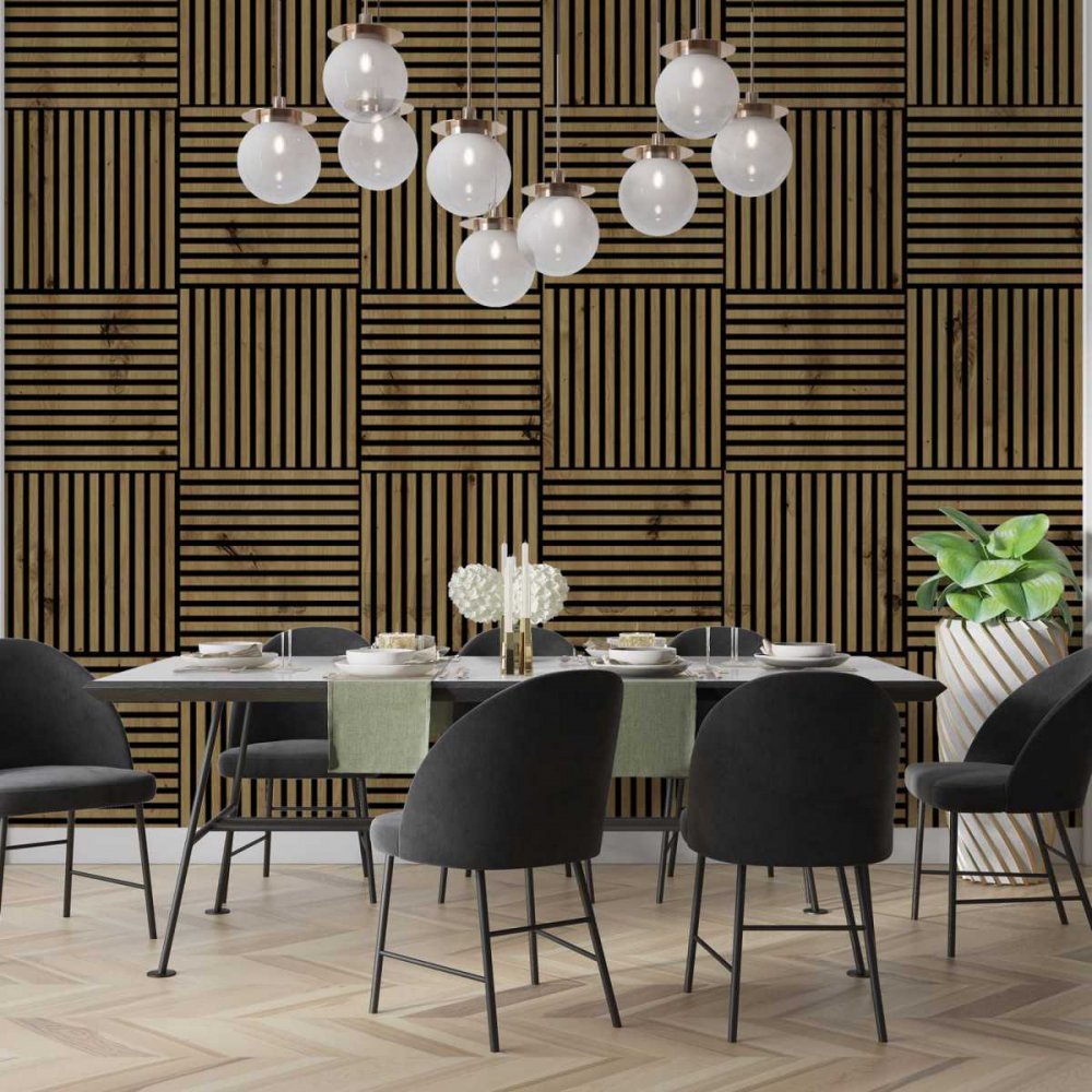 Artisan tölgy 3D akusztikus falpanel geometrikus elrendezésben
